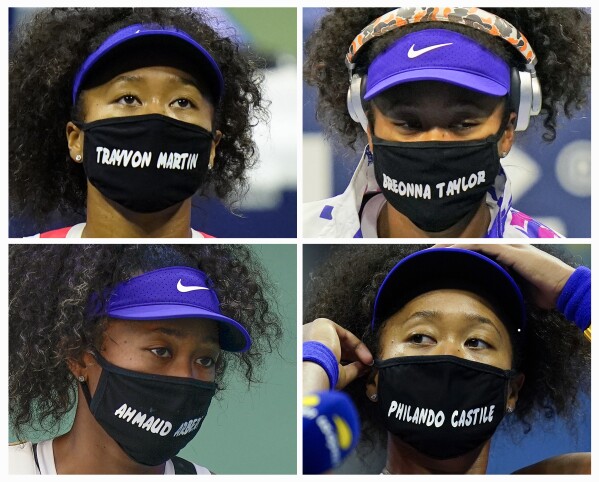 FILE- In this combination of 2020 photos, Naomi Osaka, of Japan, wears face masks bearing the names of Black victims of police violence and racial profiling, during the U.S. Open tennis tournament in New York. (AP Photo/Frank Franklin II, Seth Wenig, File)